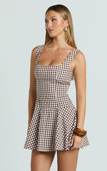 Sophia Mini Dress - Drop Waist Fit And Flare Mini Dress in Chocolate Gingham