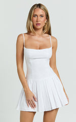 Stefanie Mini Dress - Scoop Neck Drop Waist Pleated Dress in White