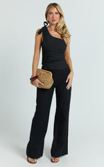 Stella Top - Linen Look Asymmetric Halter Top in Black