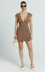 Steph Mini Dress - V Neck Cap Sleeve Pleat Skirt Dress in Chocolate