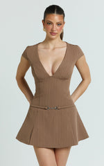 Steph Mini Dress - V Neck Cap Sleeve Pleat Skirt Dress in Chocolate