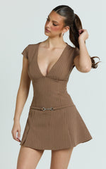 Steph Mini Dress - V Neck Cap Sleeve Pleat Skirt Dress in Chocolate