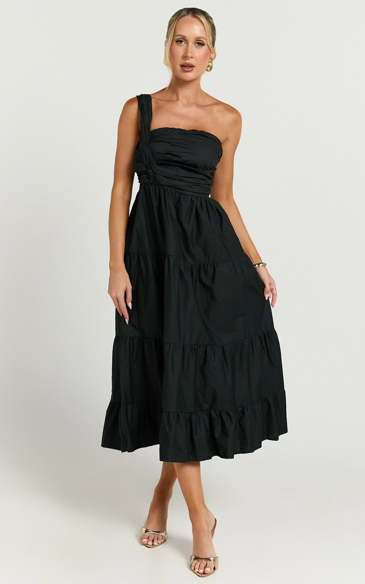 Stephanie Midi Dress - One Shoulder Tiered Midi Dress in Black
