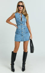 Stephanie Mini Dress - Scoop Neck Pocket Detail Recycled Denim Dress in Light Blue Wash