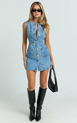 Stephanie Mini Dress - Scoop Neck Pocket Detail Recycled Denim Dress in Light Blue Wash