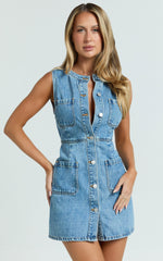 Stephanie Mini Dress - Scoop Neck Pocket Detail Recycled Denim Dress in Light Blue Wash