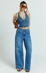Stephanie Top - Zip Through Halter Neck Denim Top in Dark Blue Wash