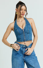 Stephanie Top - Zip Through Halter Neck Denim Top in Dark Blue Wash