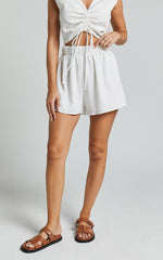 Suki Shorts - Elasticated High Waist Textured Shorts in White