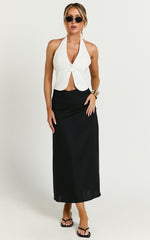 Sundry Midi Skirt - Linen High Waisted Cross Front Detail Skirt in Black