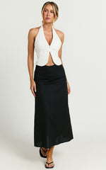 Sundry Midi Skirt - Linen High Waisted Cross Front Detail Skirt in Black