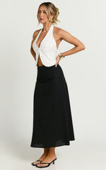 Sundry Midi Skirt - Linen High Waisted Cross Front Detail Skirt in Black