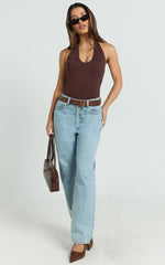 Suzanna Bodysuit - V Neck Halter Bodysuit in Chocolate