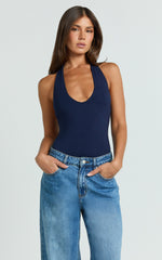 Suzanna Bodysuit - V Neck Halter Bodysuit in Navy