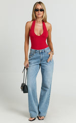 Suzanna Bodysuit - V Neck Halter Bodysuit in Red