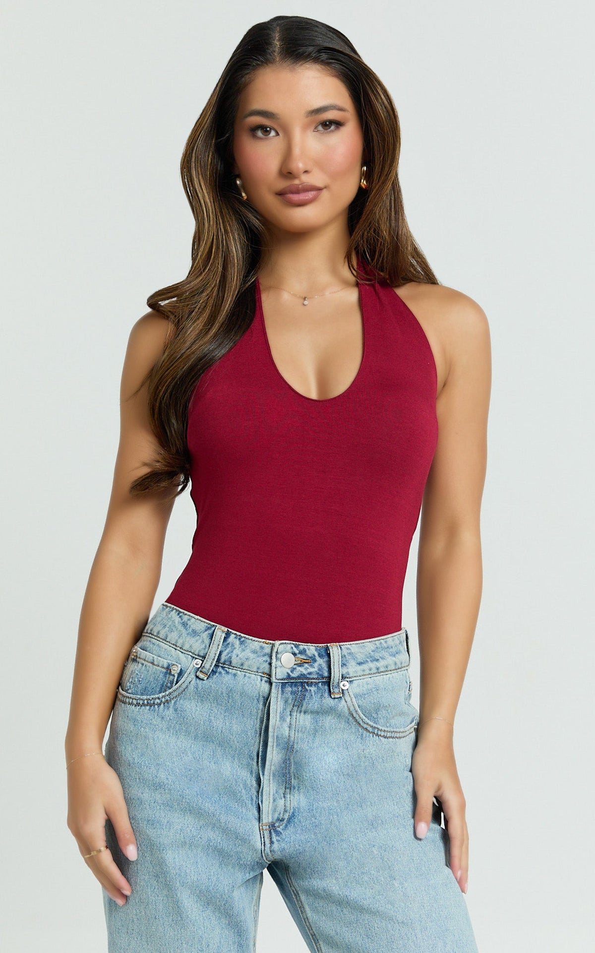 Suzanna Bodysuit - V Neck Halter Bodysuit in Wine