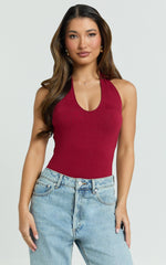 Suzanna Bodysuit - V Neck Halter Bodysuit in Wine