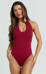 Suzanna Bodysuit - V Neck Halter Bodysuit in Wine