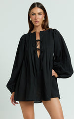 Suzette Mini Dress - High Neck Tie Front Long Sleeve Pleat Front Babydoll Dress in Black