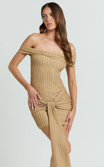 Svetlana Mini Dress - Textured Jersey Off Shoulder Draped Dress in Beige