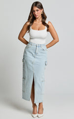 Sylvia Midi Skirt - Utility Pockets Denim Skirt in Light Blue Wash