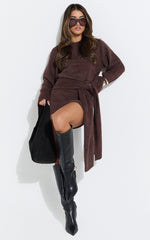 Tisdale Mini Dress - Wrap Skirt Fluffy Knit Jumper Dress in Chocolate