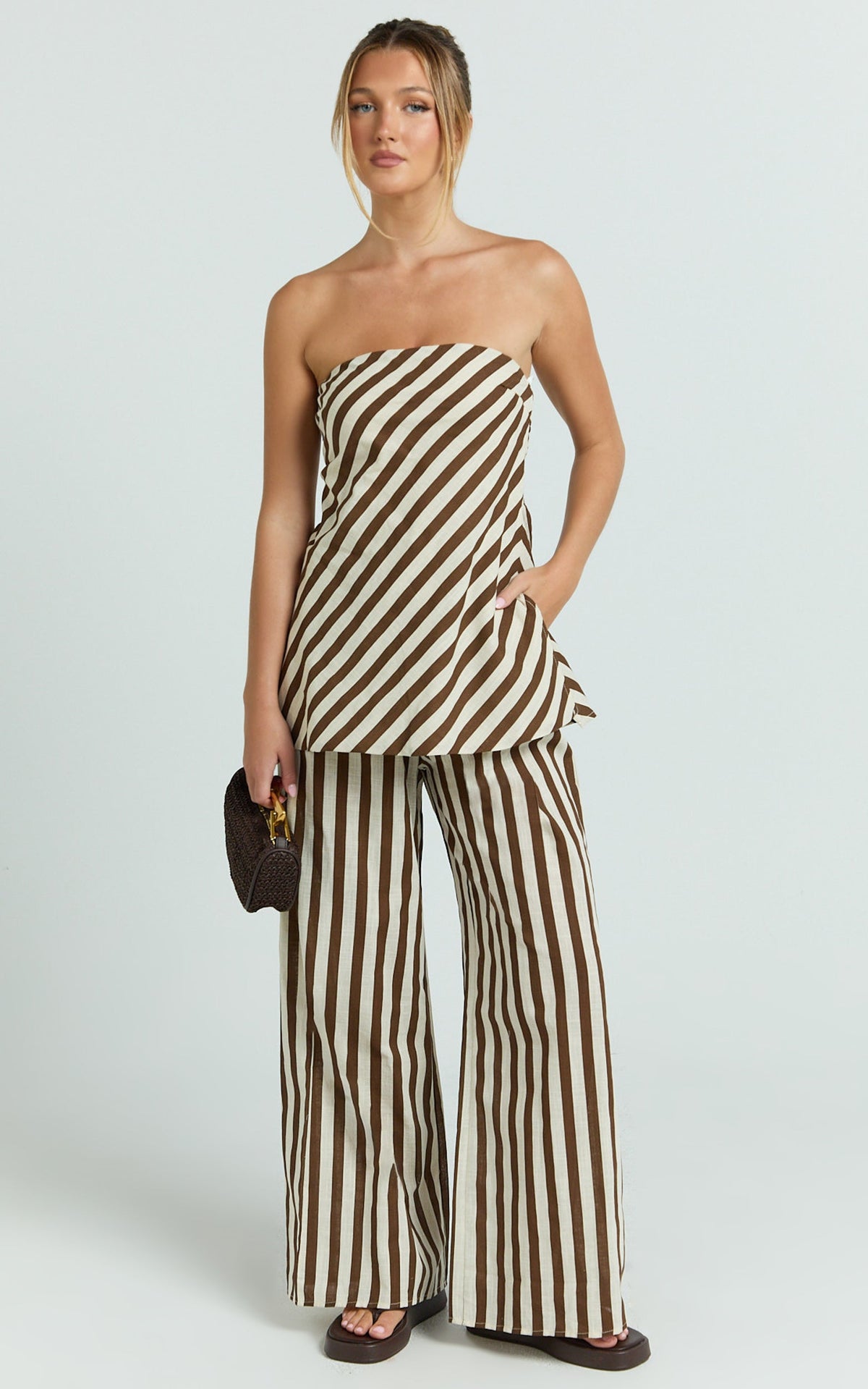 Talia Eloise Two Piece Set - Strapless Top and Wide Leg Pants in Ecru Brown Stripe
