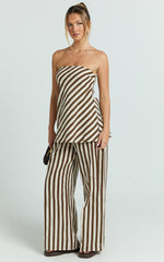 Talia Eloise Two Piece Set - Strapless Top and Wide Leg Pants in Ecru Brown Stripe