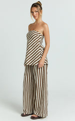 Talia Eloise Two Piece Set - Strapless Top and Wide Leg Pants in Ecru Brown Stripe