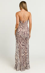 Talia Maxi Dress - Cowl Neck Low Back Dress in Abstract Zebra Print
