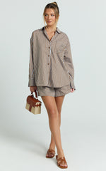 Talia Naomi Two Piece Set - Shirt and Short Set in Brown Stripe