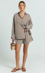 Talia Naomi Two Piece Set - Shirt and Short Set in Brown Stripe