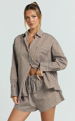 Talia Naomi Two Piece Set - Shirt and Short Set in Brown Stripe