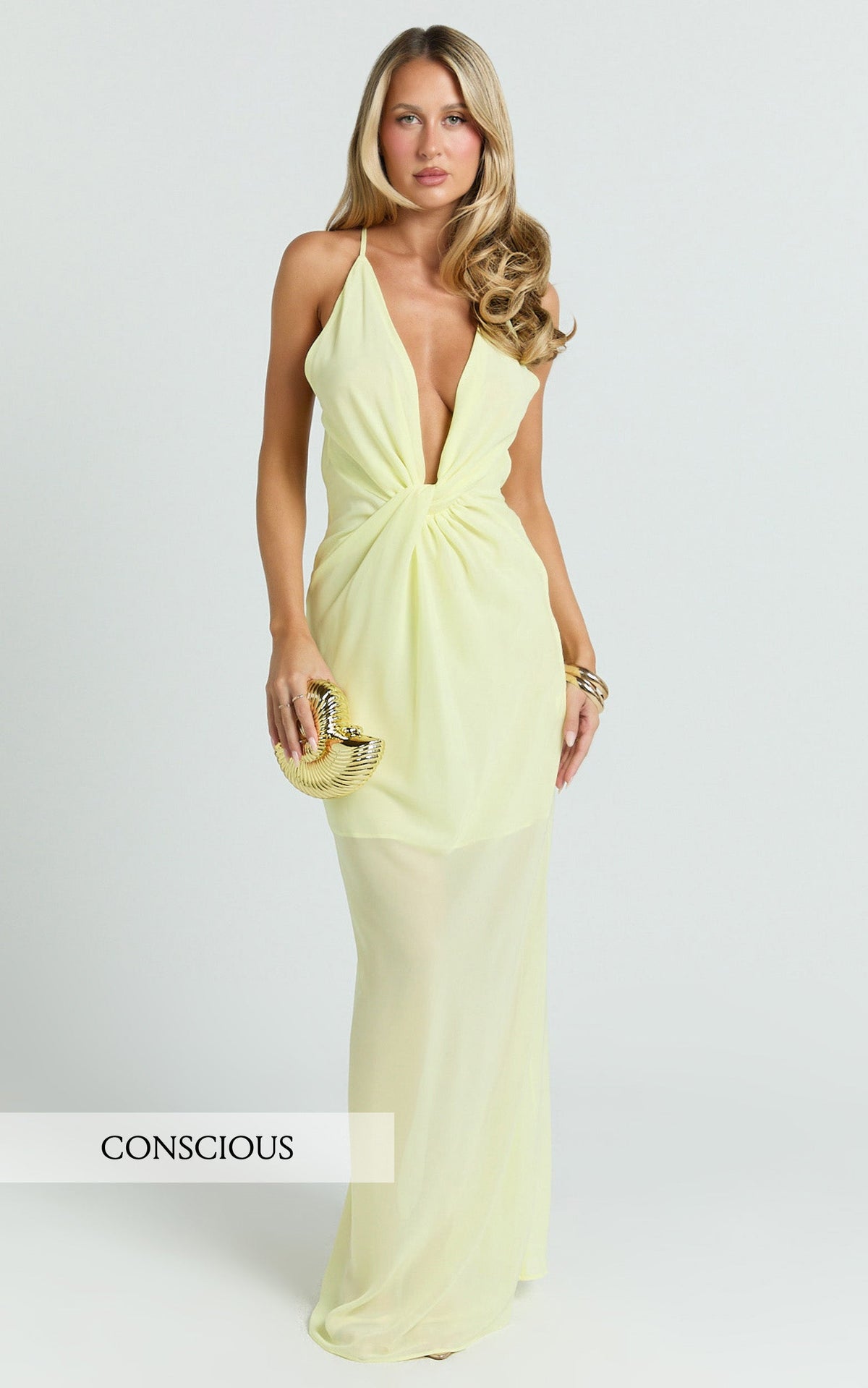 Tamara Maxi Dress - Plunge Neck Ruched Open Back Dress in Lemon