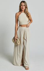 Tamara Pants - High Elasticated Waist Wide Leg Pants in Natural