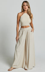 Tamara Pants - High Elasticated Waist Wide Leg Pants in Natural