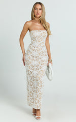 Tamika Maxi Dress - Crochet Strapless Column Dress in White