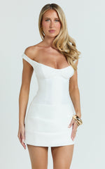 Tanisha Mini Dress - Off Shoulder Draped Waist Dress in White