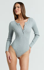 Tatem Bodysuit - Long Sleeve Button Front Bodysuit in Grey Marle