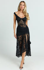 Tatum Midi Dress - Lace Off Shoulder Side Split Dress in Black