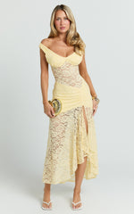 Tatum Midi Dress - Lace Off Shoulder Side Split Dress in Lemon