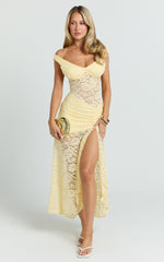 Tatum Midi Dress - Lace Off Shoulder Side Split Dress in Lemon