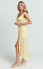 Tatum Midi Dress - Lace Off Shoulder Side Split Dress in Lemon