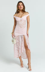 Tatum Midi Dress - Lace Off Shoulder Side Split Dress in Pink