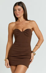 Tayla Mini Dress - Strapless Sweetheart Neck Draped Skirt Dress in Dark Brown