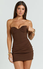 Tayla Mini Dress - Strapless Sweetheart Neck Draped Skirt Dress in Dark Brown