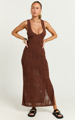 Taylor Maxi Dress - Crochet Knit Scoop Neck Dress in Chocolate