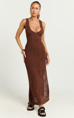 Taylor Maxi Dress - Crochet Knit Scoop Neck Dress in Chocolate