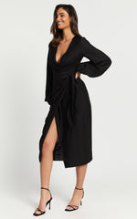 Taylor Midi Dress - Long Sleeve Wrap Dress in Black