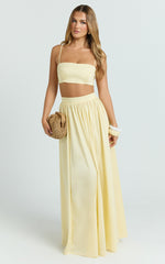 Tegan Two Piece Set - Straight Neck Micro Crop Top and A Line Maxi Skirt Set in Butter Yellow